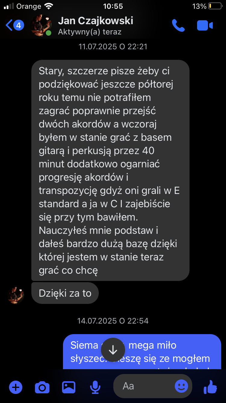 Opinia Jana - postępy w grze na gitarze i teorii